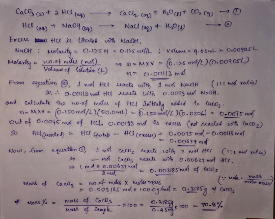 Calo (s) + 2 HCl cag - Call caq) + H2O(gs+ CO₂(g) → 0 Hellcaq) + NaOH (69) Nach (aq) + H₂0 (1) Excers stad till es têbrated w