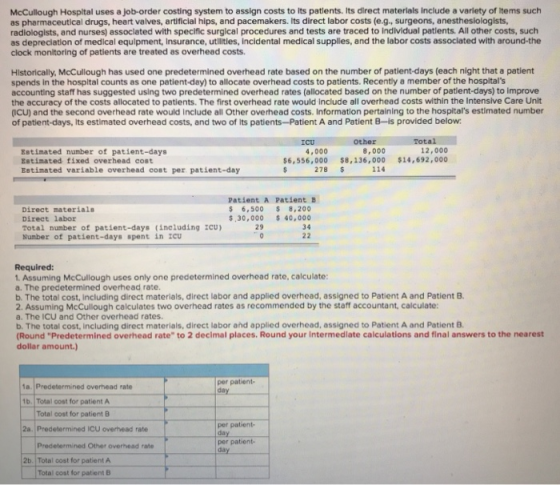 McCullough Hospital uses a job-order costing system to assign costs to Its patlents. Its direct materials Include a variety of ltems such as pharmaceutical drugs, heart valves, artificial hips, and pacemakers. Its direct labor costs (e.g, surgeons, anesthesiologists, radiologists, and nurses) assocleted with specific surgical procedures and tests are traced to individual patients. All other costs, such as depreclation of medical equlpment, Insurance, utllities, Incidental medical supplies, and the labor costs assoclated with around-the clock monitoring of patients are treated as overhead costs Hlstorically, McCullough has used one predetermined overhead rate based on the number of patient-days (each night that a patient spends in the hospital counts as one patient-day) to allocate overhead costs to patients. Recently a member of the hospitals accounting staff has suggested using two predetermined overhead rates (allocated based on the number of patlent-days) to improve the accuracy of the costs allocated to patients. The first overhead rate would Include all overhead costs within the Intensive Care Unit (ICU) and the second overhead rate would include all Other overhead costs. Information pertaining to the hospitals estimated number of patient-days, Its estimated overhead costs, and two of Its patients-Patient A and Patient B-is provided below C 008 Total ICU other 4,000 8,000 12,000 Estimated number of patient-days Estimated fixed overhead cost Estimated variable overhead cost per patient-day $6,556,000 $8,136,000 $14,692,000 278 $ Patient A Patient B $ 6,500 8,200 $,30,000 40,000 Direct materials Direct labor total number of patient-days (including zCu Number of patient-days spent in icu 29 34 Required: 1. Assuming McCullough uses only one predetermined overhead rate, calculate: a. The predetermined overhead rate. b. The total cost, including direct materials, direct labor and applied overhead, assigned to Patient A and Patient 8 2. Assuming McCullough calculates two overhead rates as recommended by the staff accountant, calculate: The ICU and Other overhead rates. b. The total cost, including direct materials, direct labor and applied overhead, assigned to Patient A and Patient B (Round Predetermined overhead rate to 2 decimal places. Round your Intermedlate calculations and final answers to the nearest dollar amount.) per patient- 1a. Predetermined overhead rate 1b. Total cost for patient A Total cost for patient B per patient- 2a. Predetermined ICU overhead rate per patient- Predetermined Other overhead rate 2b. Total cost for patient A Total cost for patient B