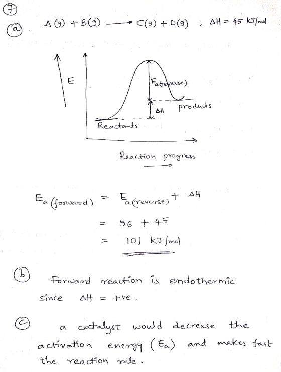 A () B() C(9) D(9); AH= 45 kJ/mo a atreverse Products AH Reactomts Reaction pdgress reverte Ea foTward) 56 +45 0 kJmo (D Forw