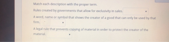 Match each description with the proper term. Rules created by governments that allow for exclusivity in sales. A word, name o