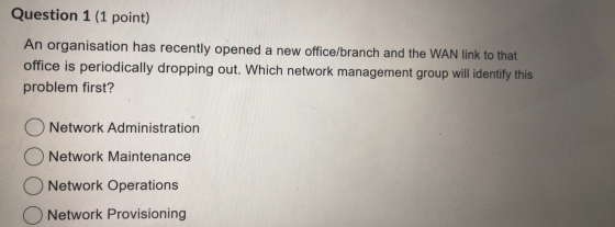 Question 1 (1 point) An organisation has recently opened a new office/branch and the WAN link to that office is periodically