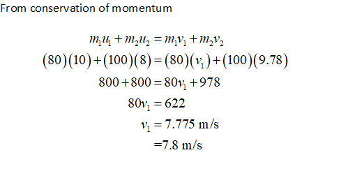 From conservation of momentum (80)(10)+(100)(8)-(80)(i)-(100)(9.78) 800 +800-80v, +978 v,-7775 m/s 7.8 m/s