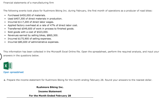 Financial statements of a manufacturing firm The following events took place for Rushmore Biking Inc. during February, the fi