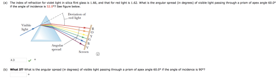 (a) The index of refraction for violet light in silica flint glass is 1.66, and that for red light is 1.62. What is the angul