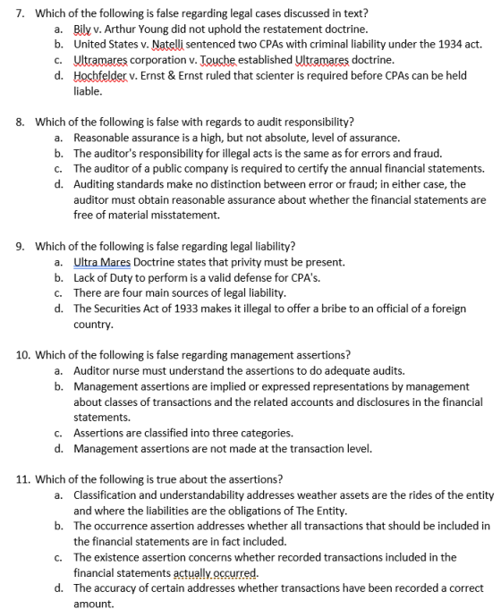 7. Which of the following is false regarding legal cases discussed in text? a. Bily v. Arthur Young did not uphold the restat