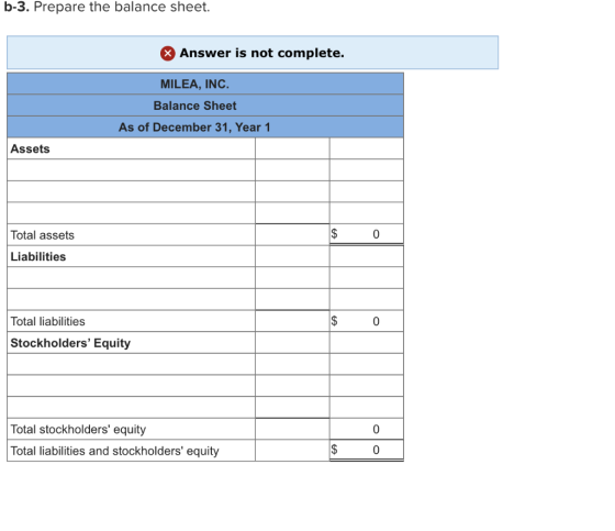 b-3. Prepare the balance sheet. Answer is not complete. MILEA, INC. Balance Sheet As of December 31, Year 1 Assets $ 0 Total
