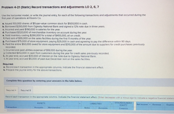 Problem 4-21 (Static) Record transactions and adjustments LO 2, 6, 7 Use the horizontal model, or write the journal entry, fo