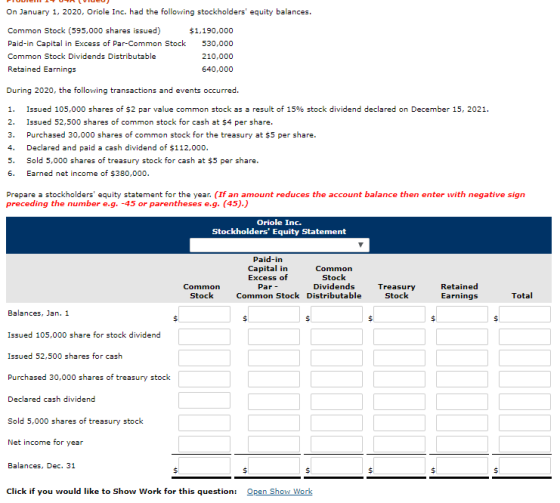 On January 1, 2020, Oriole Inc. had the following stockholders equity balances. Common Stock (595,000 shares issued) Paid-in