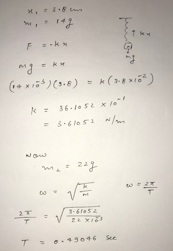 x m = 3.8 cm = 14g & 9 kn F =-kn мi = kx (14 x103) (9.8) = k ( 3.8 x162) k = 36.1052x10l = 3.61052 N/m حتى لم me=22g - w = 27