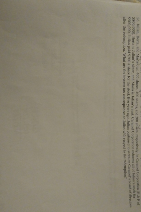26. Julian, Berta, and Marta own 400 shares, 400 shares, and 200 shares, respectively, in Caramel Corporation $800,000). Bert
