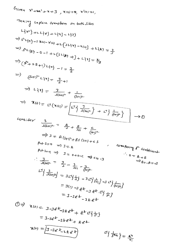 Given altant n=3 110)=0, x10)=1, Taking Laplace transform on both sides Lanil] +222213 +2243=2333 $+2773-S 26)- x() +2 +2[5