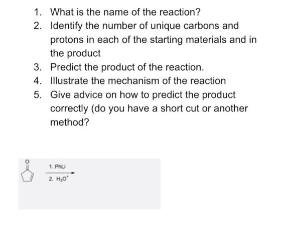 1. What is the name of the reaction? 2. Identify the number of unique carbons and protons in each of the starting materials a