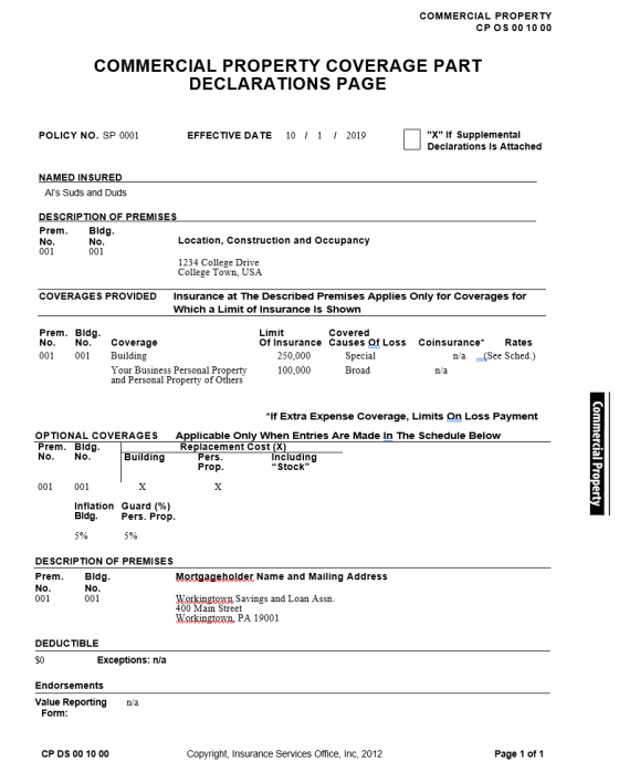 COMMERCIAL PROPERTY CPOS 00 10 00 COMMERCIAL PROPERTY COVERAGE PART DECLARATIONS PAGE POLICY NO. SP 0001 EFFECTIVE DATE 101 1
