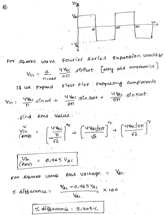 Fourier series Expansion would be via Vach ЧТІ 2TT 31T For square wave 4 Vodc sinut [only odd Harmonics ] Vin E neodd If we