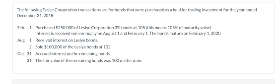 The following Tarjee Corporation transactions are for bonds that were purchased as a held for trading investment for the year