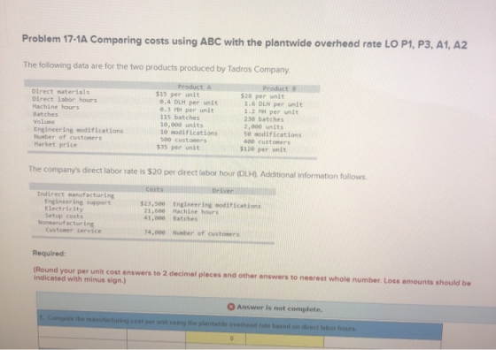 Problem 17-1A Comparing costs using ABC with the plantwide overhead rate LO P1, P3, A1, A2 The following data are for the two