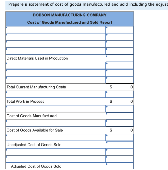 Prepare a statement of cost of goods manufactured and sold including the adjust DOBSON MANUFACTURING COMPANY Cost of Goods Ma