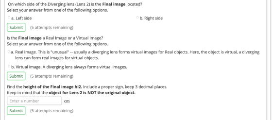 On which side of the Diverging lens (Lens 2) is the Final image located? Select your answer from one of the following options