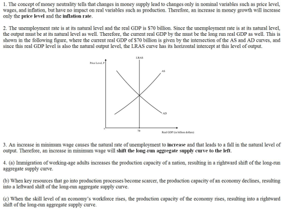 1. The concept of money neutrality tells that changes in money supply lead to changes only in nominal variables such as price