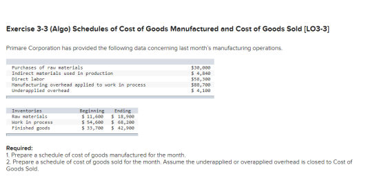 Exercise 3-3 (Algo) Schedules of Cost of Goods Manufactured and Cost of Goods Sold [LO3-3] Primare Corporation has provided t