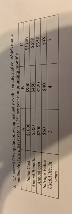 A 3. (25 points) Giving the following manually exclusive alternative, which one is preferable if the interest rate is 12% per