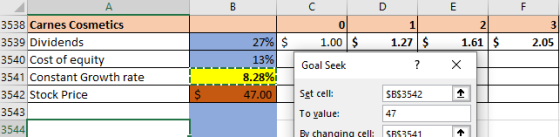 B с D E F 0 1 1.27 $ 2 1.61 $ 3 2.05 1.00$ А 3538 Carnes Cosmetics 3539 Dividends 3540 Cost of equity 3541 Constant Growth ra