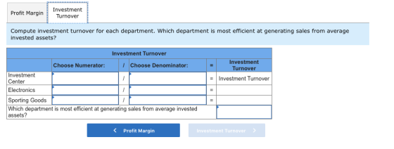 Profit Margin Investment Turnover Compute investment turnover for each department. Which department is most efficient at gene