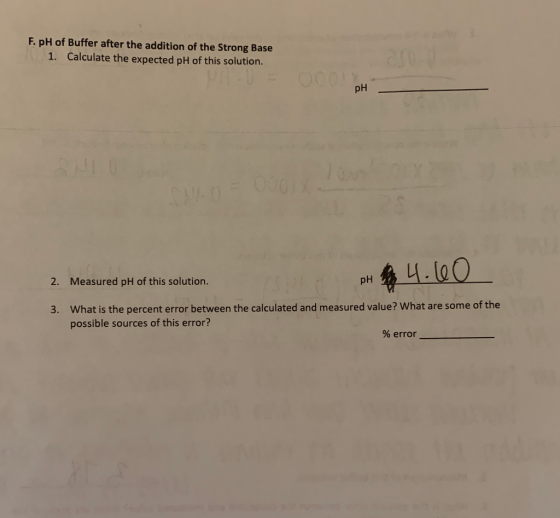 F. pH of Buffer after the addition of the Strong Base 1. Calculate the expected pH of this solution. pH 2. Measured pH of thi