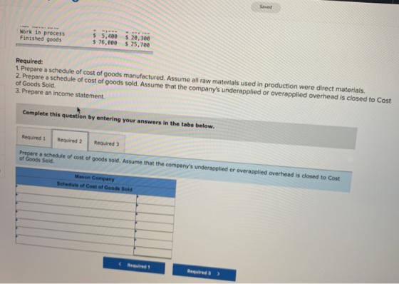 Saved Work in process Finished goods $ 5,400 $ 76,800 $ 20,300 $ 25,700 Required: 1. Prepare a schedule of cost of goods manu