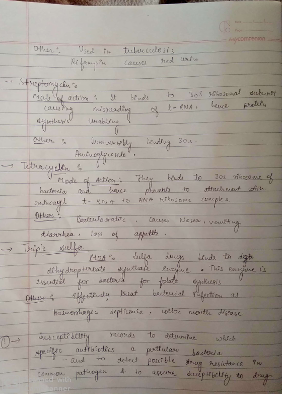 Date Page - mycompanion Other Used in tuberculosis Rifampin causes red urin - Streptomy cene mode of action ; It binds ng mis