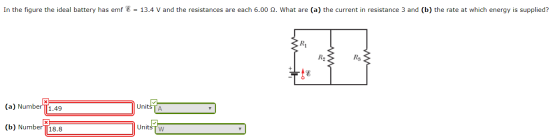In the figure the ideal battery has emf & = 13.4 V and the resistances are each 6.00 2. What are (a) the current in resistanc