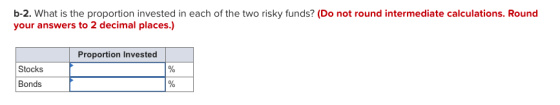 b-2. What is the proportion invested in each of the two risky funds? (Do not round intermediate calculations. Round your answ