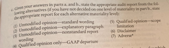 c. Given your answers lowing alternatives the appropriate report our answers in parts a. and b., state the appropriate audit