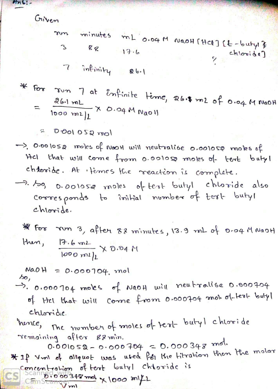Given run 3 minutes 88 mL 0.04 M Nooh [HQ] [t-buty & 12.6 . chloride] 7 infinity abol For sun 7 at infinite time, a6.8 m2 of