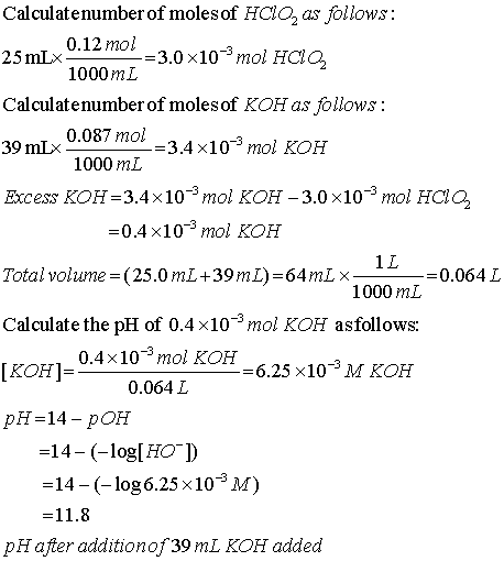 Calculatenumber of moles of HCO as follows 0.12 mol --3.0 х10-3 тоl HCIO, 25 mLx 1000mL Calculatenumber of moles of KOH as fo