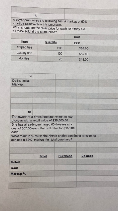A buyer purchases the following ties. A markup of 60% must be achieved on this purchase. What should be the retail price for