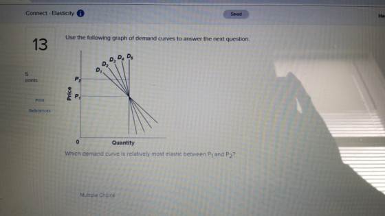 Connect-Elasticity Saved He Use the following graph of demand curves to answer the next question. points Print Refere Quantity Which demand curve is relatively most elastic between P1 and P2? Multiple Choice