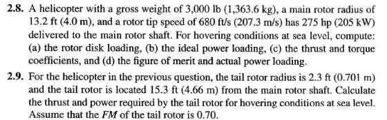 2.8. A helicopter with a gross weight of 3,000 lb (1,363.6 kg), a main rotor radius of 13.2 ft (4.0 m), and a rotor tip speed