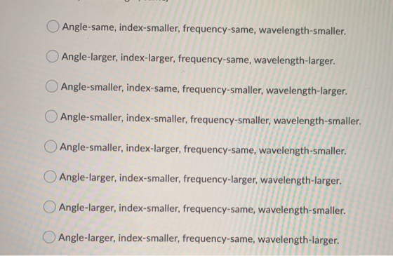 Angle-same, index-smaller, frequency-same, wavelength-smaller. Angle-larger, index-larger, frequency-same, wavelength-larger.