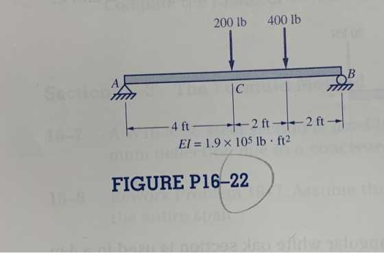 200 lb 400 lb 4 ft - to2 ft2 ft → EI = 1.9 x 105 lb. ft2 FIGURE P16-22
