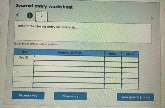 Journal entry worksheet < 1 2 Record the closing entry for dividends. Note: Enter debits before credits. Date General Journal
