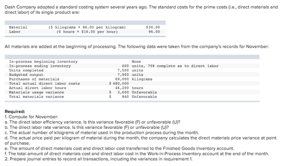 Dash Company adopted a standard costing system several years ago. The standard costs for the prime costs (.e., direct materia