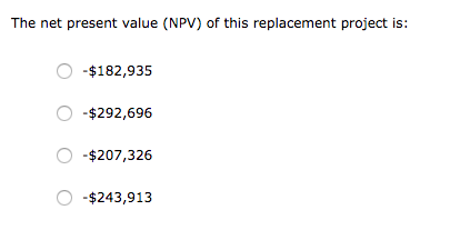 The net present value (NPV) of this replacement project is: -$182,935 -$292,696 -$207,326 -$243,913