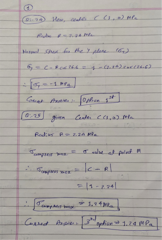 option ist Correct Answer . 374 224) Here, cender C (1 o) mpa. Rading R - 2.24 MPa Normal Stres for the y plane (64) by = C-