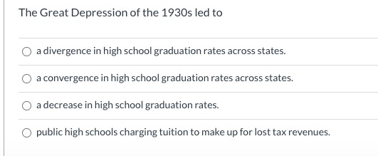 The Great Depression of the 1930s led to a divergence in high school graduation rates across states. a convergence in high sc
