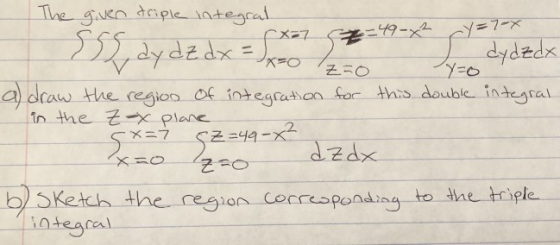 x=7 dy dz dx = x Z=0 The given triple integral sss =49-x² Y = 7-8 L dydzdx a) draw the region of integration for this double