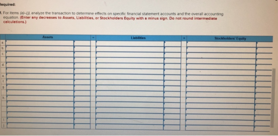required: 1. For items analyze the transaction to determine effects on specific financial statement accounts and the overall