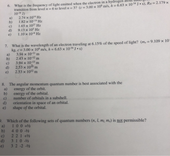 6. What is the frequency of light emitted when the electron in a hydrogen atoll und transition from level n = 6 to level n =