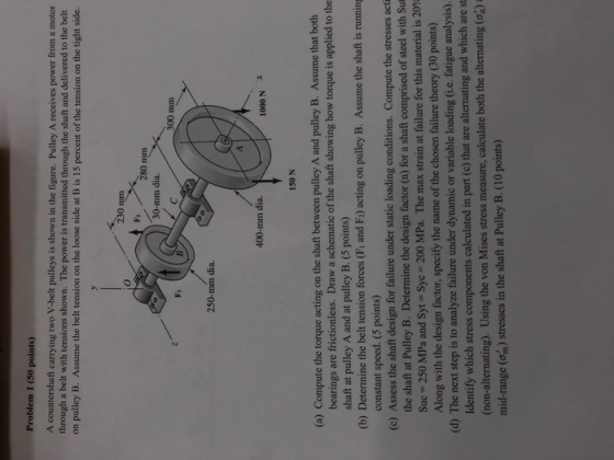 Problem 1 (50 points) A countershaft carrying two V-belt pulleys is shown in the figure. Pulley A receives power from a motor through a belt with tensions shown. The power is transmitted through the shaft and delivered to the belt on pulley B. Assume the belt tension on the loose side at B is 15 percent of the tension on the tight side. 230 mm F: 30-mm dia. 280 mm 300 mm 250-mm dia. 400-mm dia 1000 N 150 N (a) Compute the torque acting on the shaft between pulley A and pulley B. Assume that both bearings are frictionless. Draw a schematic of the shaft showing how torque is applied to the shaft at pulley A and at pulley B. (5 points) (b) Determine the belt tension forces (Fi and F:) acting on pulley B. Assume the shaft is running (c) Assess the shaft design for failure under static loading conditions. Compute the stresses act constant speed. (5 points) the shaft at Pulley B. Determine the design factor (n) for a shaft comprised of steel with Sut Suc 250 MPa and Syt- Syc- 200 MPa. The max strain at failure for this material is 209 Along with the design factor, specify the name of the chosen failure theory (3 0 points) (d) The next step is to analyze failure under dynamic or variable loading (i.e. fatigue analysis). Identify which stress components calculated in part (c) that are alternating and which are st Iternating). Using the von Mises stress measure, calculate both the alternating (aa) mid-range (om) stresses in the shaft at Pulley B. (10 points)