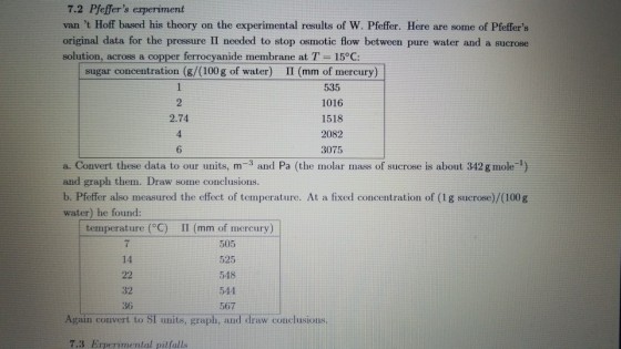 7.2 Pfeffers experiment van t Hoff based his theory on the experimental results of W. Pfeffer. Here are some of Pfeffers original data for the pressure II needed to stop osmotic flow between pure water and a sucrose solution, across a copper ferrocyanide mernbrane at T-15°C sugar concentration (g/(100 g of water) II (mm of mercury) 535 1016 1518 2082 3075 2.74 4 6 a88 of sucrose is about 342gmele and graph them. Draw some conclusions. b. Pfeffer also measured the effect of temperature. At a fixed concentration of (1 g sucrose)/(100 g water) he found: temperature (°C) 7 14 ? (mm of mercury) 525 548 544 32 36 Again convert to SI units, graph, and draw conclusions 7.3 Erperinental pitfalls